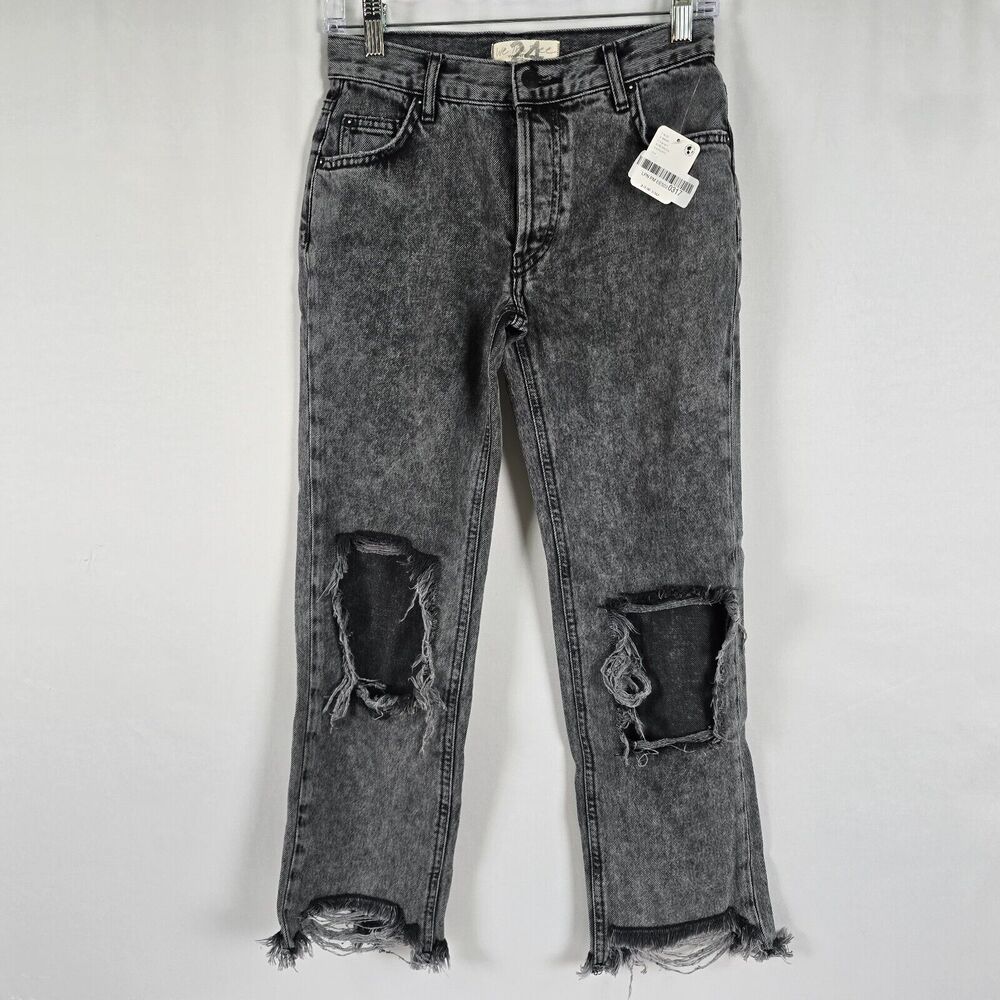Free People Jeans Women's 24 Maggie Mid-Rise Straight Charcoal Distress NWT